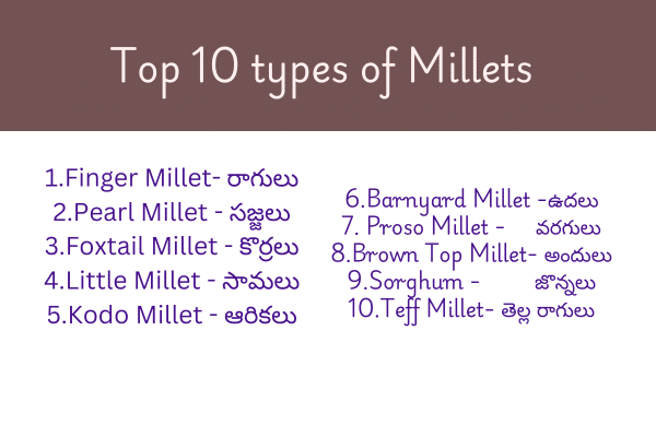 Best Top 10 Types of Millets In Telugu and english - Chirudhanyalu perlu