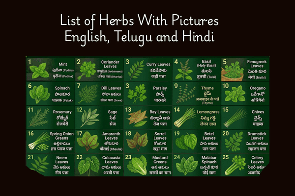 List of Herbs With Pictures In English, Telugu And Hindi